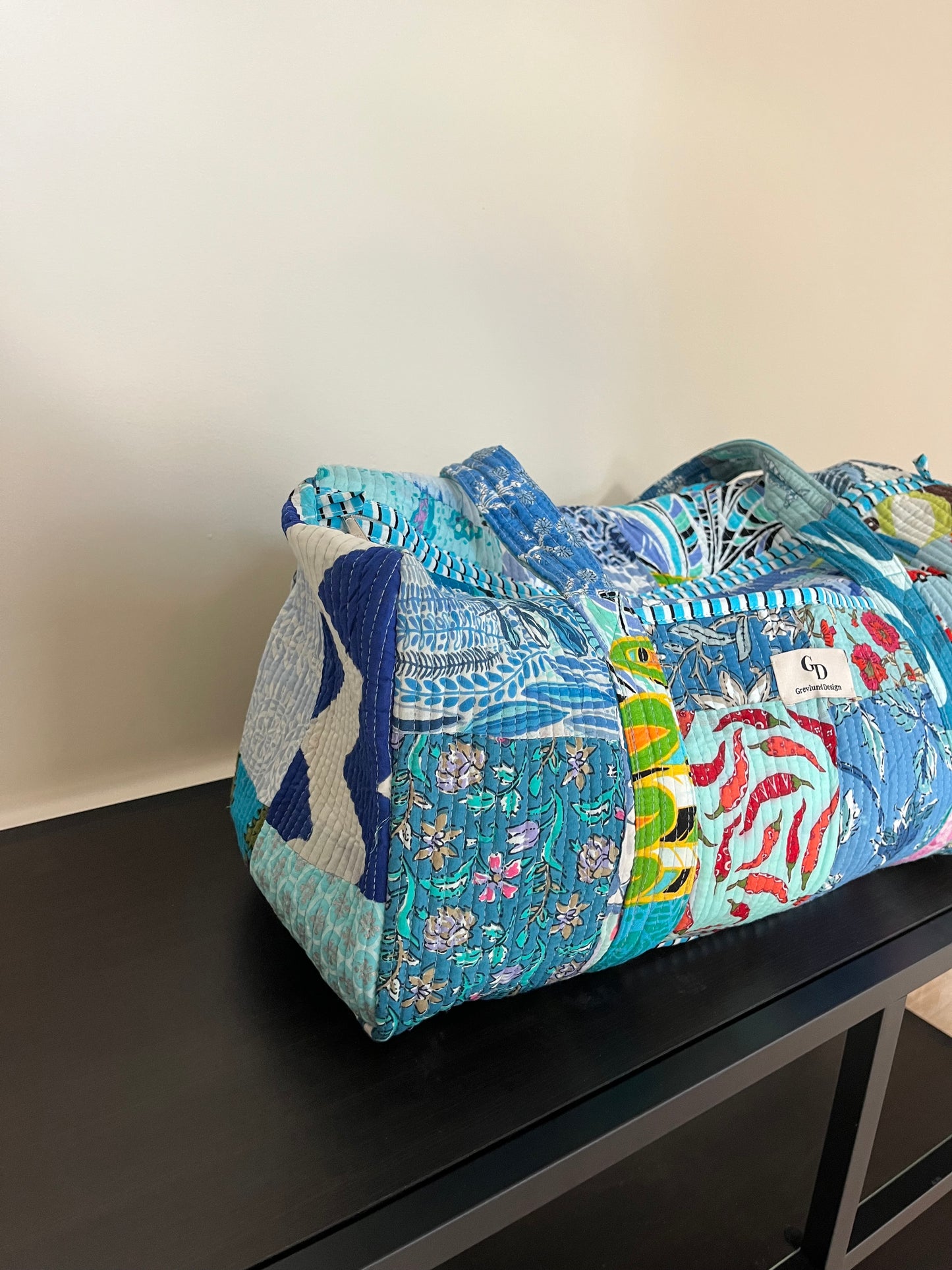 Quilttaske, blå patchwork